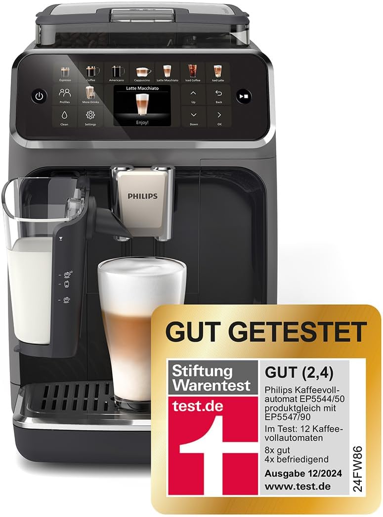 Serie 5500 Kaffeevollautomat (EP5544/50) – LatteGo Milchsystem, 20 heiße und kalte Kaffeespezialitäten, 40% leiser mit SilentBrew, QuickStart, Schwarz/Grau